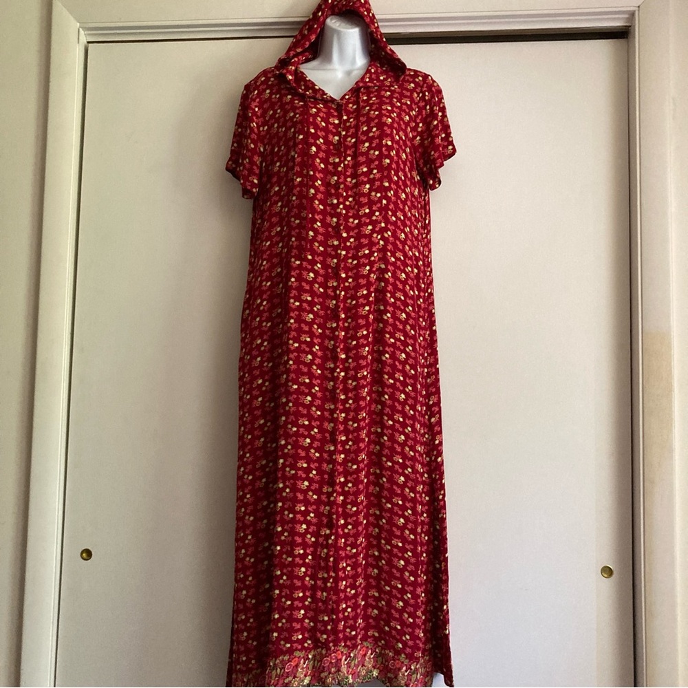 Vintage Y2K Red Short Sleeve Hooded Drawstring Floral Button Up Y2K Maxi Dress M - Picture 2 of 13